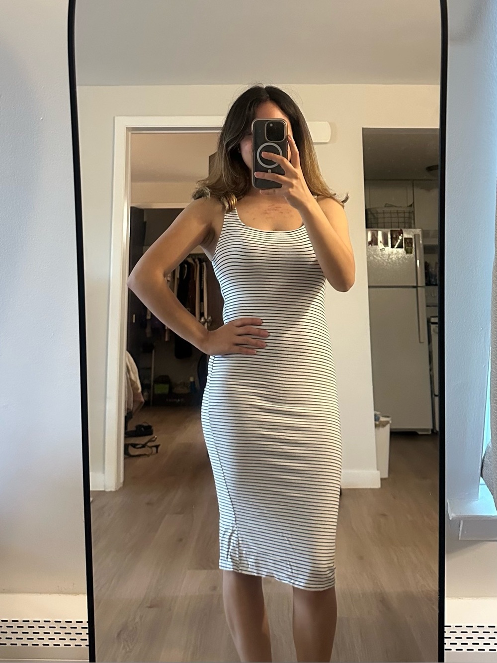 Striped Tank Midi Dress in White and Black